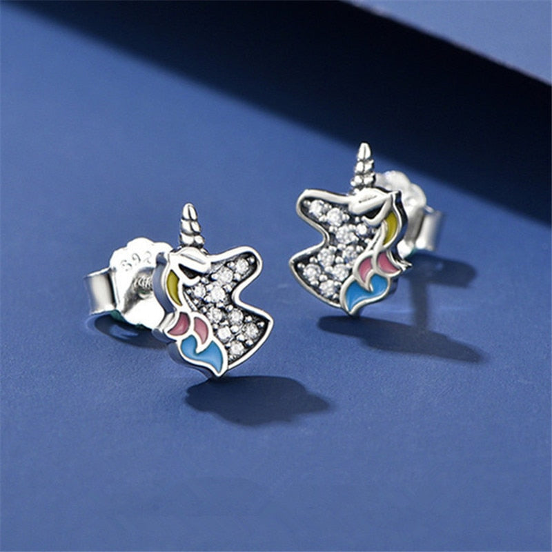 Sterling Silver Dazzling Unicorn Licorne Stud Earrings for Women