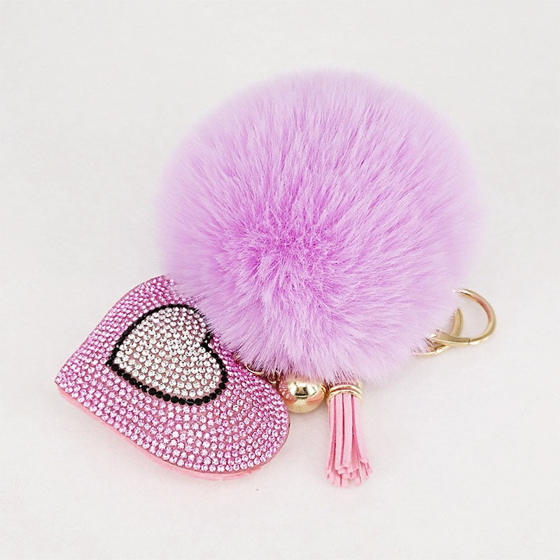 Pompom Keychain Rhinestone Heart Women's Bags Key Ring