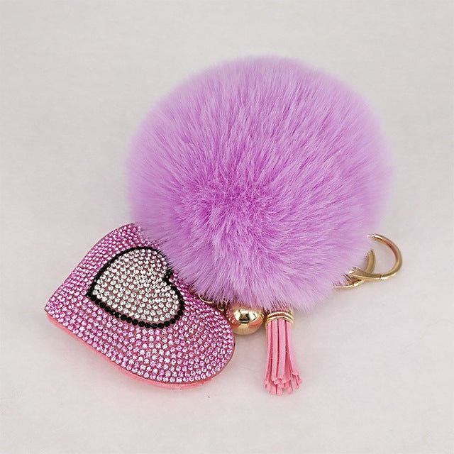 Pompom Keychain Rhinestone Heart Women's Bags Key Ring