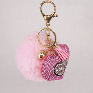 Pompom Keychain Rhinestone Heart Women's Bags Key Ring