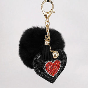 Pompom Keychain Rhinestone Heart Women's Bags Key Ring