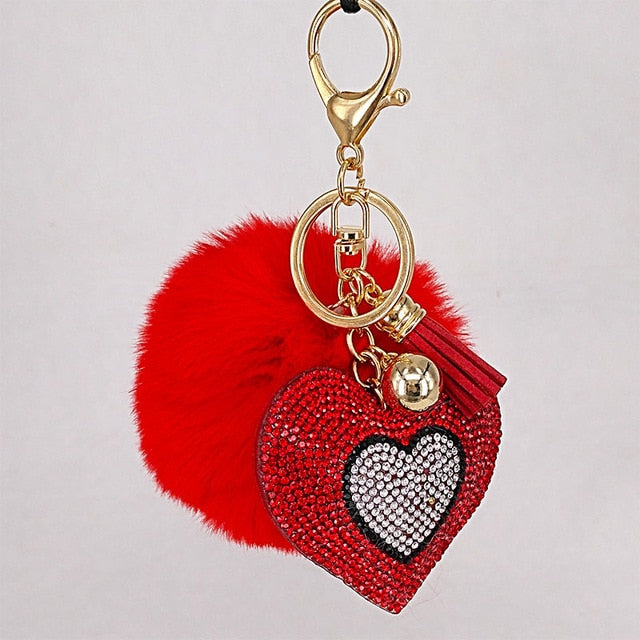 Pompom Keychain Rhinestone Heart Women's Bags Key Ring