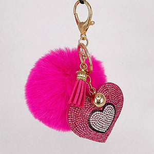 Pompom Keychain Rhinestone Heart Women's Bags Key Ring