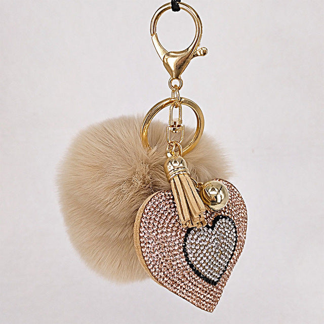 Pompom Keychain Rhinestone Heart Women's Bags Key Ring