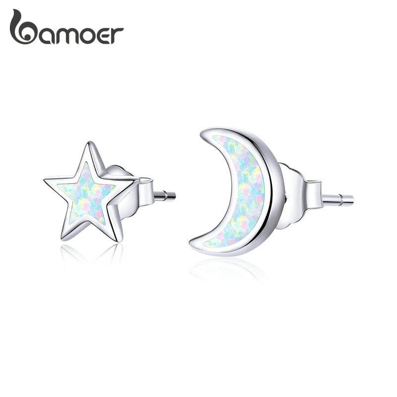 bamoer Open Moon and Star Stud Earrings for Women