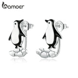 Authentic 925 Sterling Silver Penguin on Cracked Ice Stud Earrings for Women