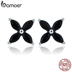 Sterling Silver Small Clover Flower Black CZ Stud Earrings for Women