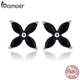 Sterling Silver Small Clover Flower Black CZ Stud Earrings for Women