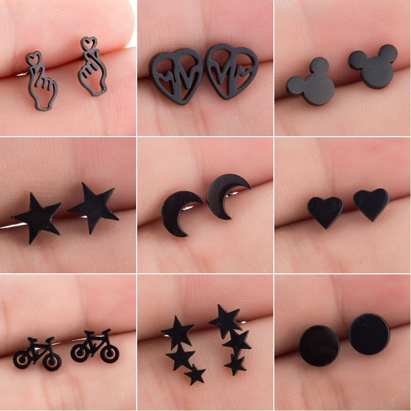 Stainless Steel Earrings Mickey Women Men Hip hop Black Star Moon Stud Earring