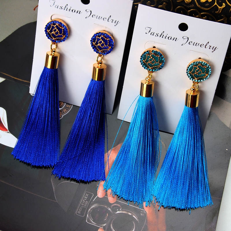 European Fashion Bohemian Tassel Crystal Long Earrings