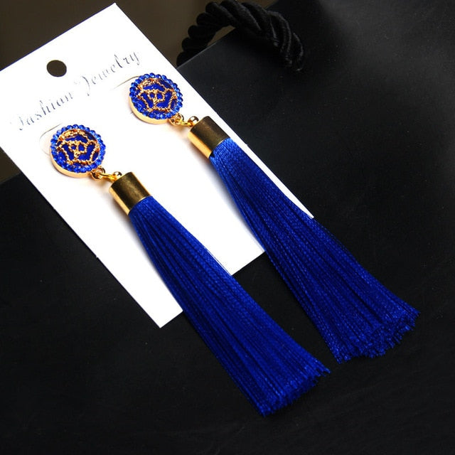 European Fashion Bohemian Tassel Crystal Long Earrings