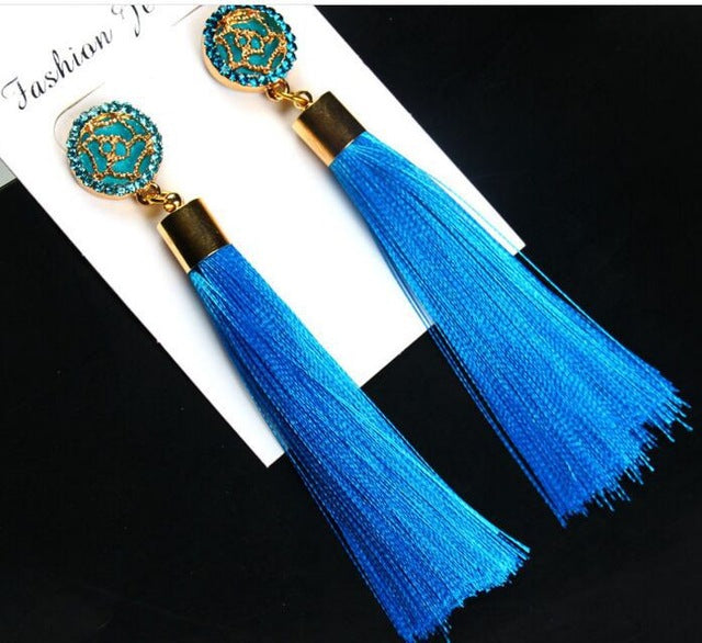 European Fashion Bohemian Tassel Crystal Long Earrings