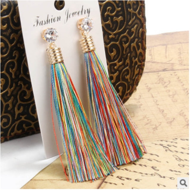 European Fashion Bohemian Tassel Crystal Long Earrings