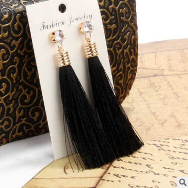 European Fashion Bohemian Tassel Crystal Long Earrings