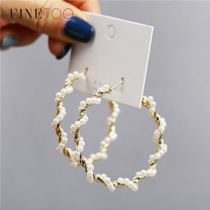 Simple Plain Gold Color Metal Pearl Hoop Earrings Fashion Big Circle Hoops Statement Earrings for Women Party Jewelry