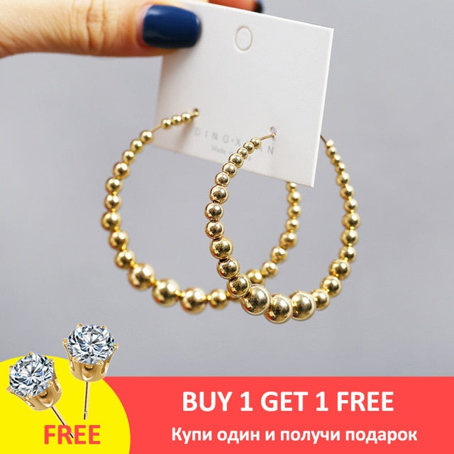 Simple Plain Gold Color Metal Pearl Hoop Earrings Fashion Big Circle Hoops Statement Earrings for Women Party Jewelry