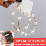 Simple Plain Gold Color Metal Pearl Hoop Earrings Fashion Big Circle Hoops Statement Earrings for Women Party Jewelry