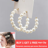 Simple Plain Gold Color Metal Pearl Hoop Earrings Fashion Big Circle Hoops Statement Earrings for Women Party Jewelry